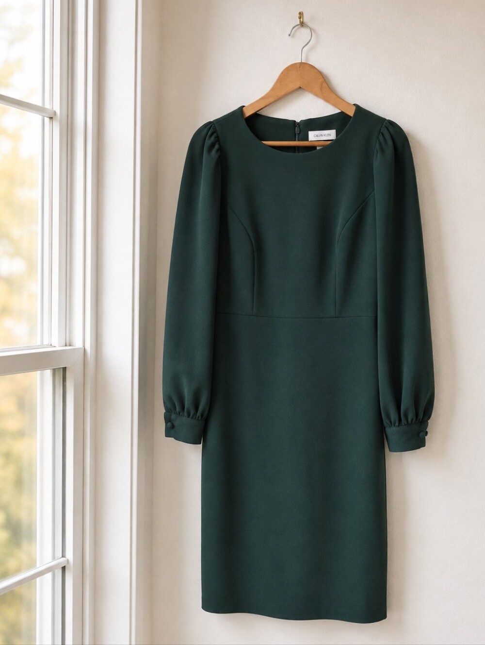 Calvin Klein Emerald Green Long Sleeve Sheath Dress Size 8 Puff Sleeve